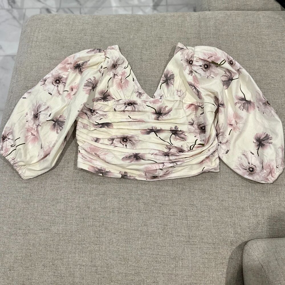 Express Women's Floral Print Linen-Blend Ruched Cropped Top Large